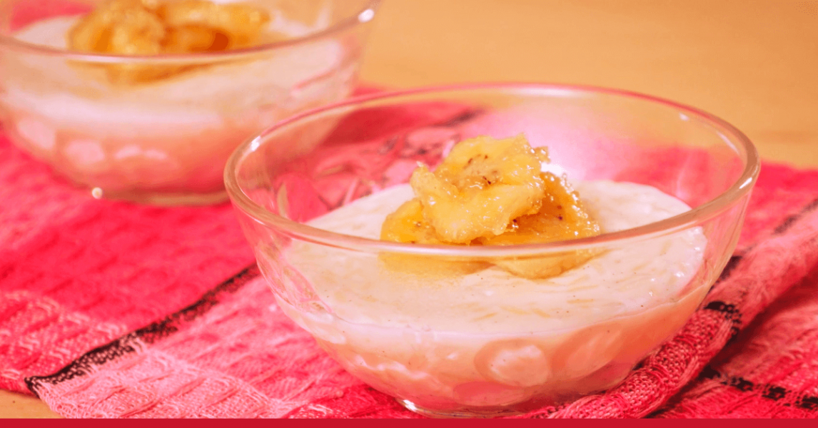 Arroz-doce com bananas douradas